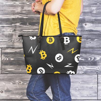 Bitcoin Symbol Pattern Print Leather Tote Bag