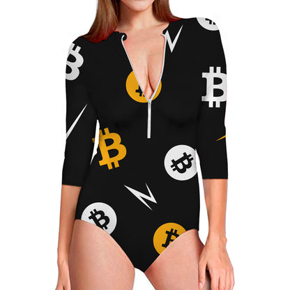 Bitcoin Symbol Pattern Print Long Sleeve Swimsuit