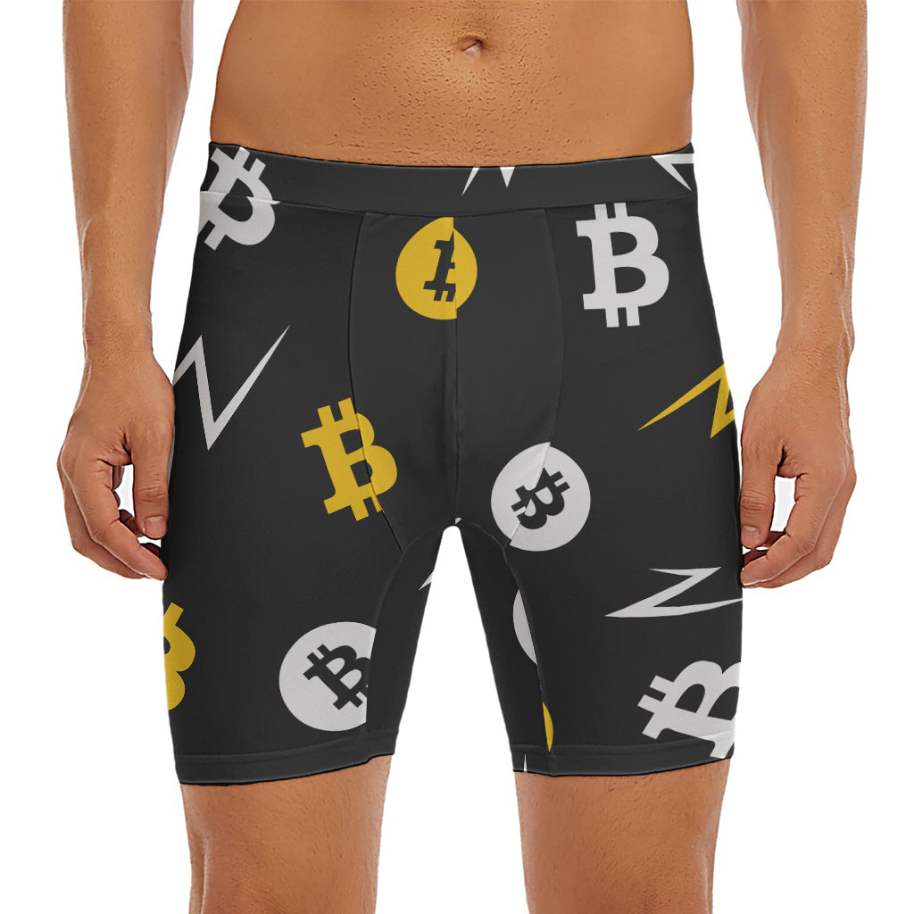 Bitcoin Symbol Pattern Print Men's Long Boxer Briefs