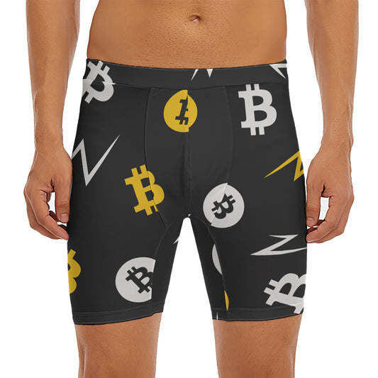 Bitcoin Symbol Pattern Print Men's Long Boxer Briefs