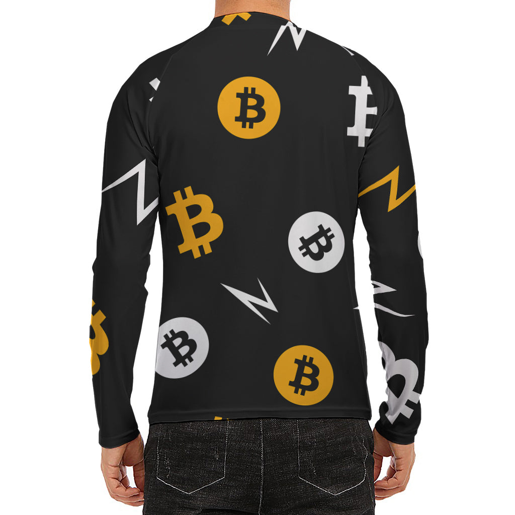 Bitcoin Symbol Pattern Print Men's Long Sleeve Rash Guard