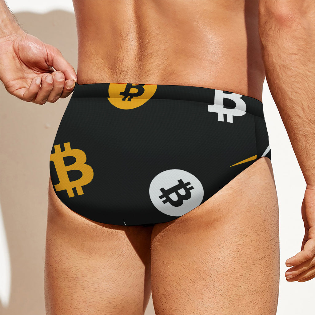 Bitcoin Symbol Pattern Print Men's Swim Briefs