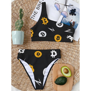 Bitcoin Symbol Pattern Print One Shoulder Bikini Top