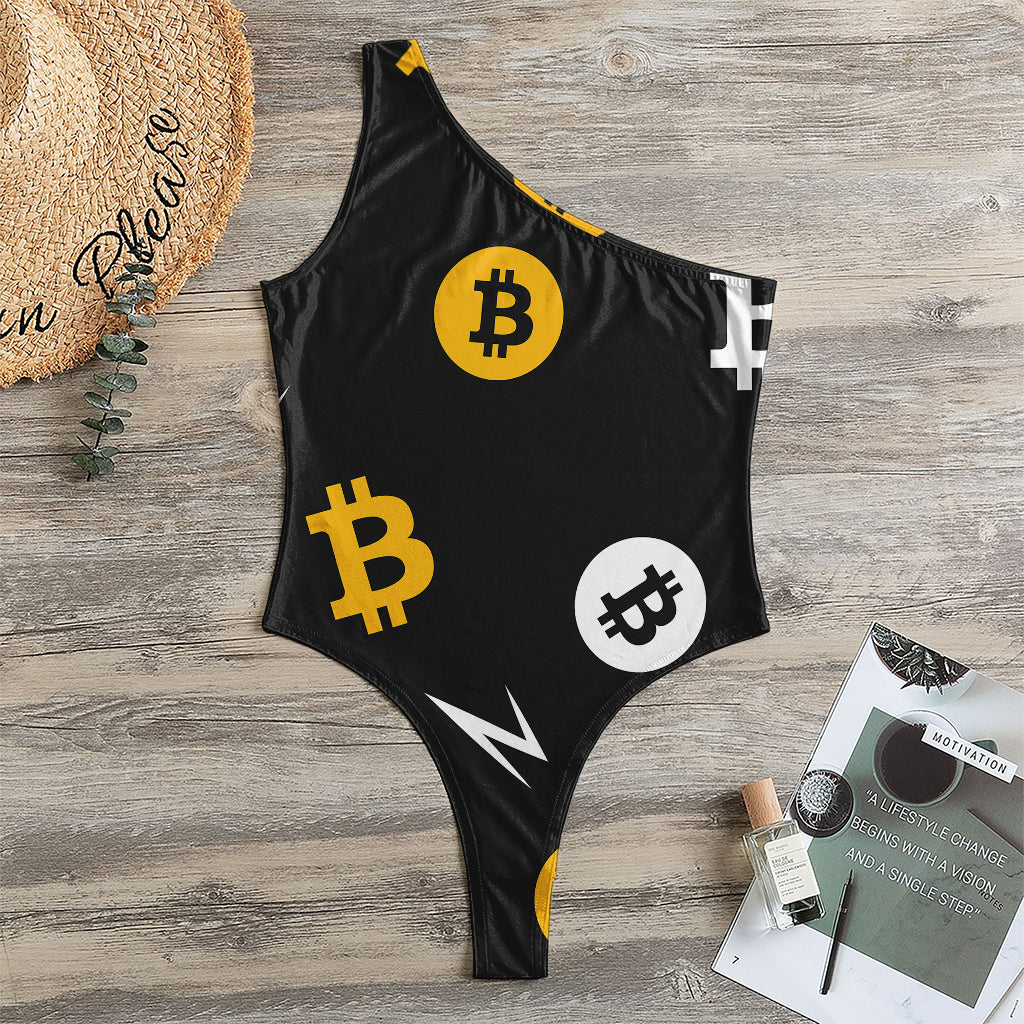 Bitcoin Symbol Pattern Print One Shoulder Bodysuit