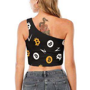 Bitcoin Symbol Pattern Print One Shoulder Crop Top