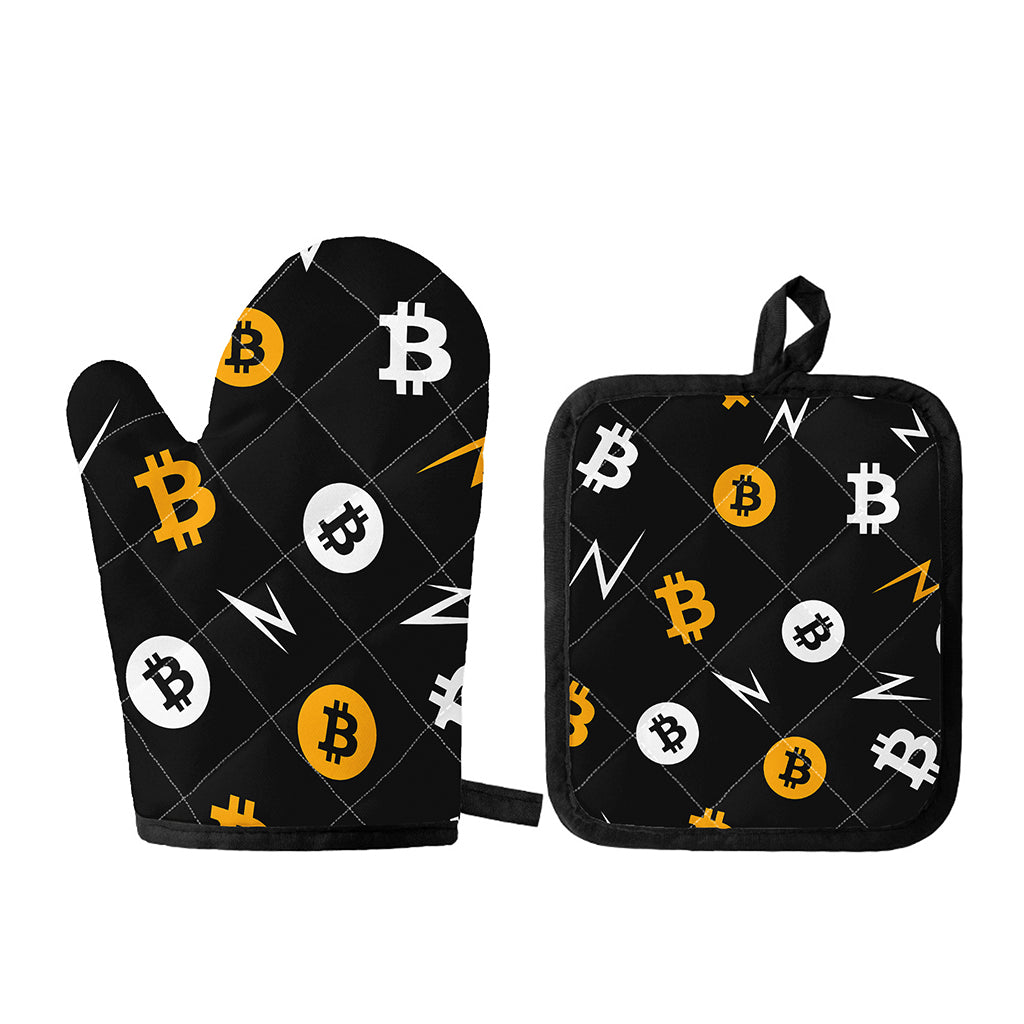 Bitcoin Symbol Pattern Print Oven Mitt And Pot Holder Set