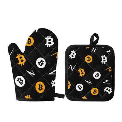 Bitcoin Symbol Pattern Print Oven Mitt And Pot Holder Set