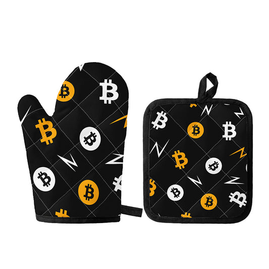 Bitcoin Symbol Pattern Print Oven Mitt And Pot Holder Set