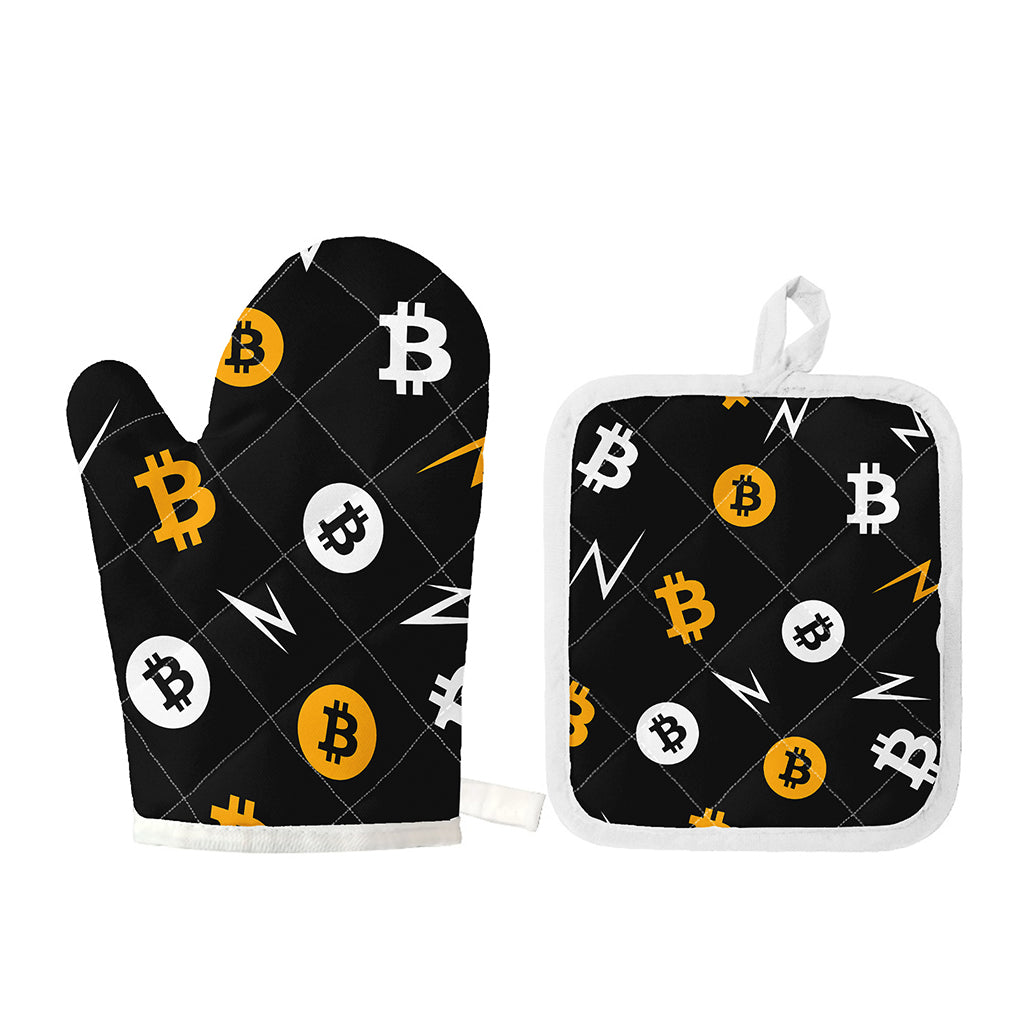 Bitcoin Symbol Pattern Print Oven Mitt And Pot Holder Set