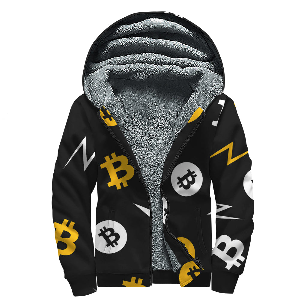 Bitcoin Symbol Pattern Print Sherpa Lined Zip Up Hoodie