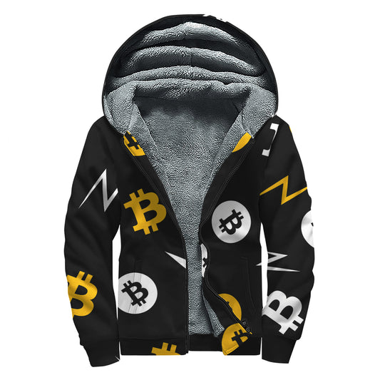 Bitcoin Symbol Pattern Print Sherpa Lined Zip Up Hoodie