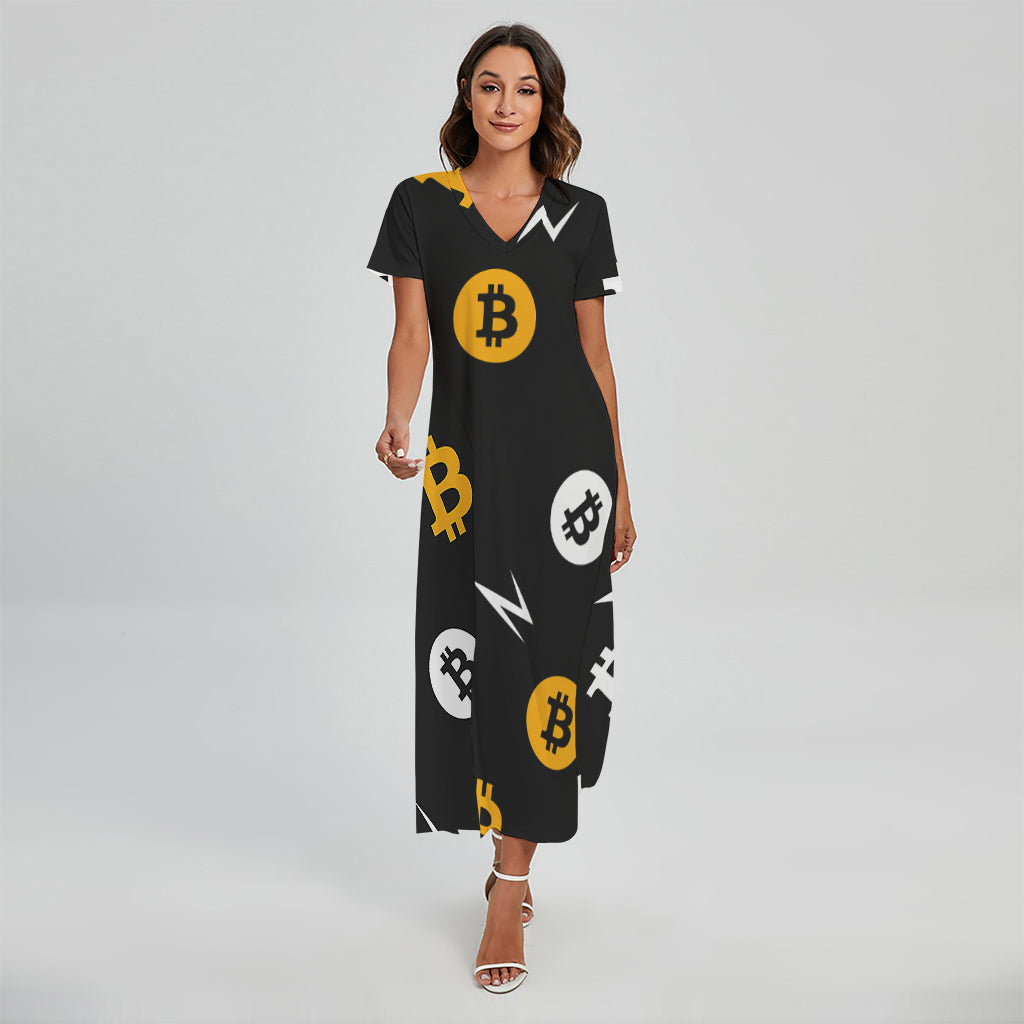 Bitcoin Symbol Pattern Print Short Sleeve Maxi Dress