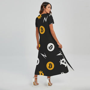 Bitcoin Symbol Pattern Print Short Sleeve Maxi Dress