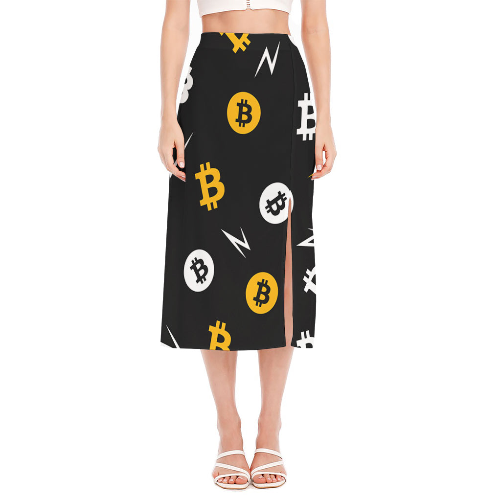 Bitcoin Symbol Pattern Print Side Slit Midi Skirt