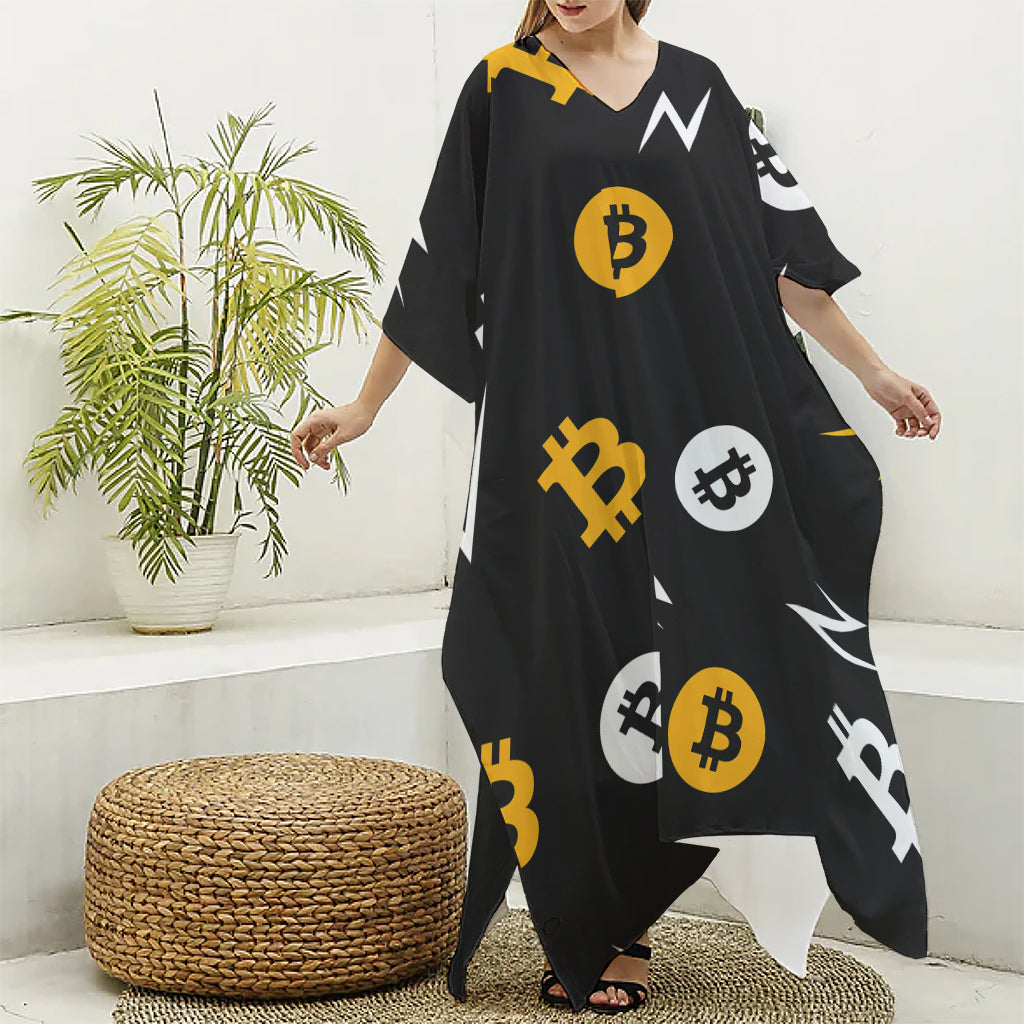 Bitcoin Symbol Pattern Print Silk V-Neck Kaftan Dress