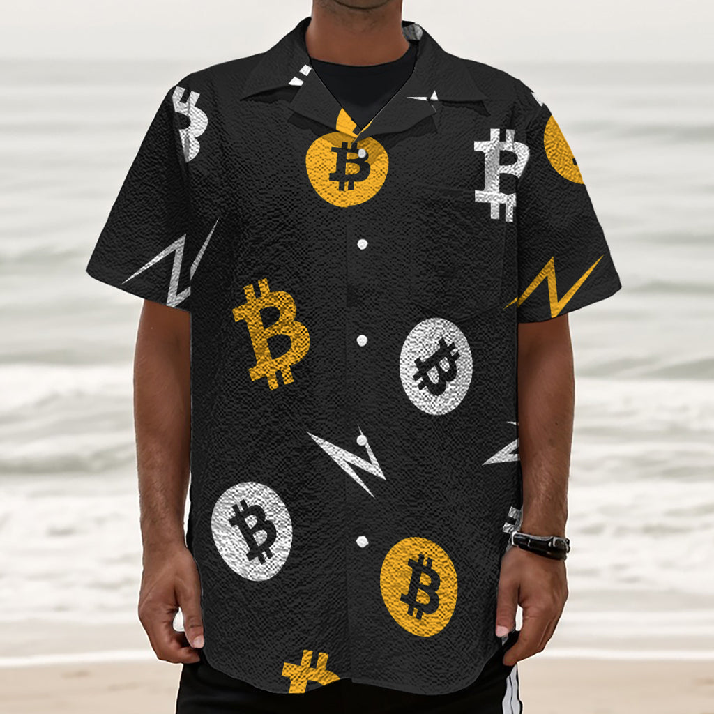 Bitcoin Symbol Pattern Print Textured Short Sleeve Shirt