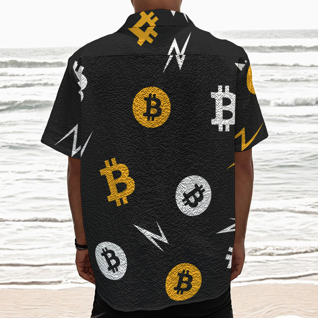 Bitcoin Symbol Pattern Print Textured Short Sleeve Shirt