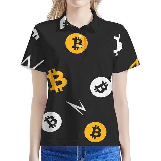 Bitcoin Symbol Pattern Print Women's Polo Shirt