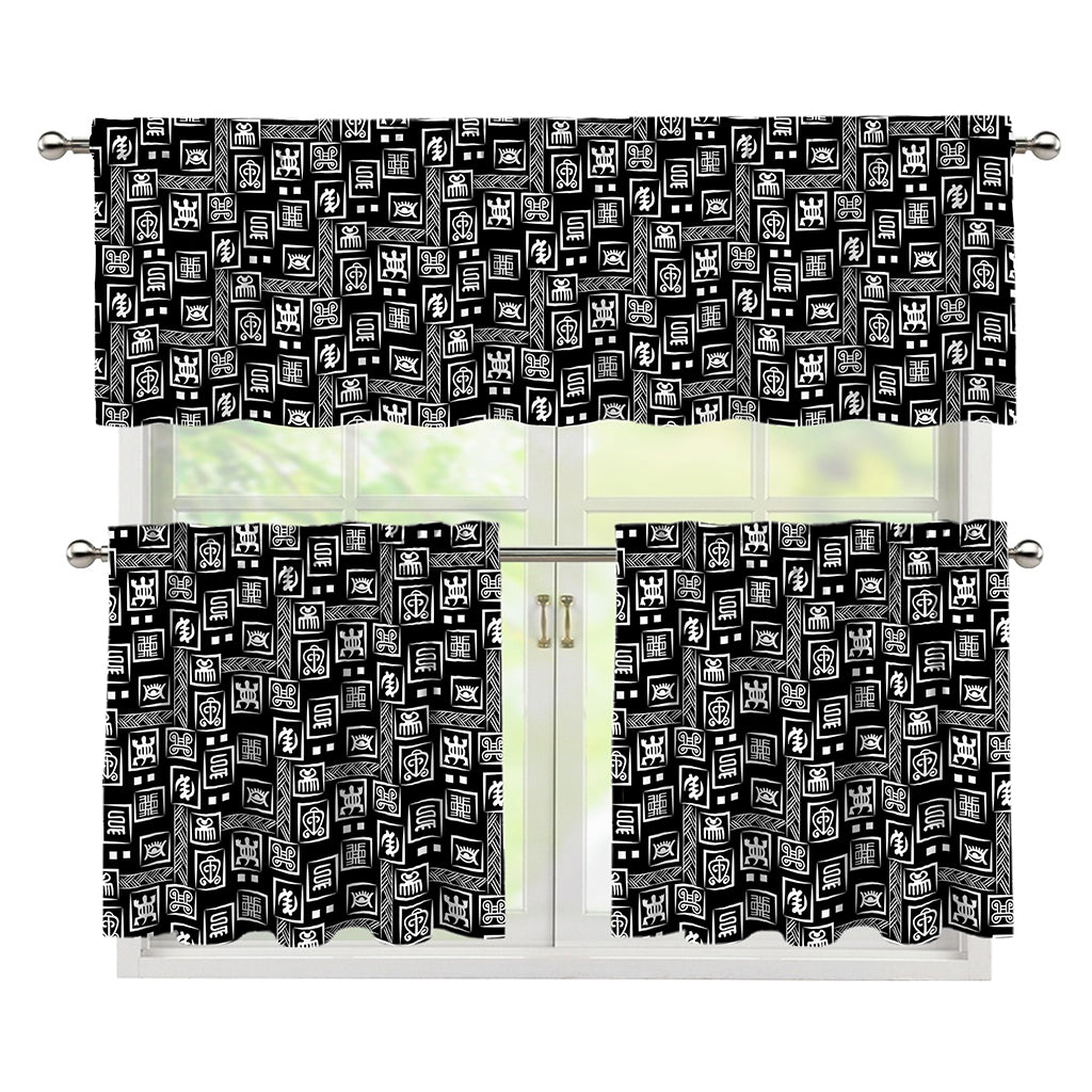 Black Adinkra Symbols Pattern Print 3 Piece Kitchen Curtains