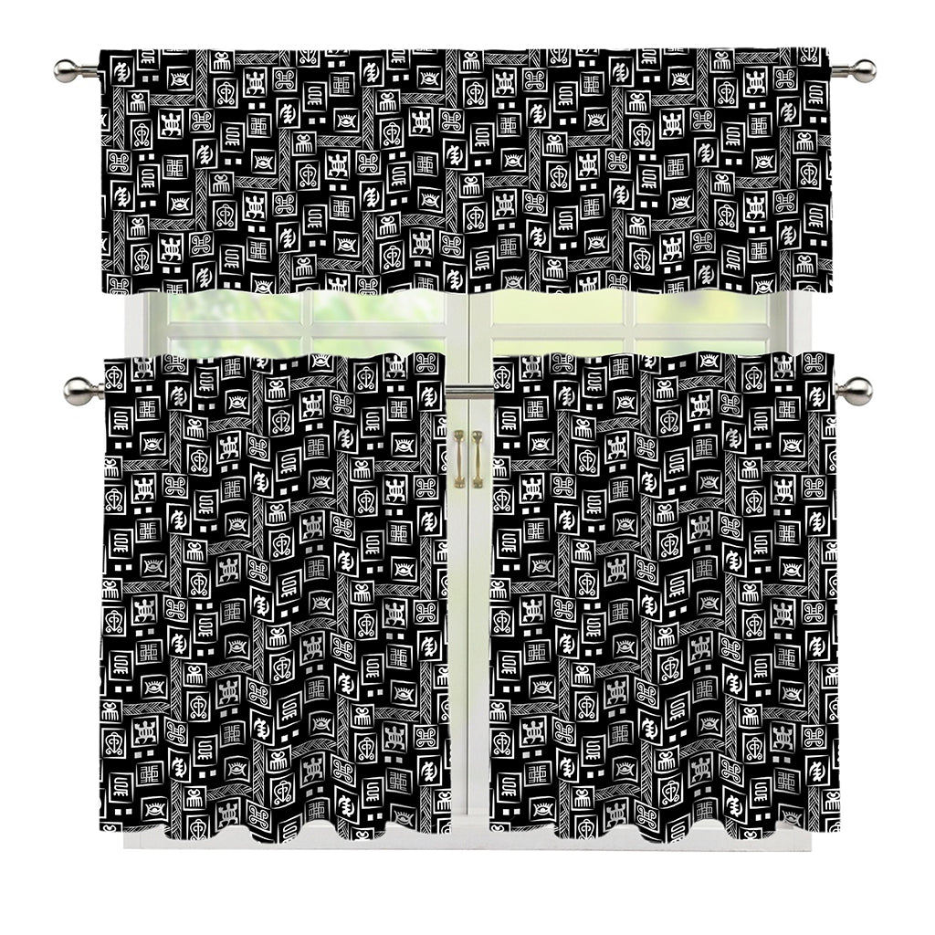 Black Adinkra Symbols Pattern Print 3 Piece Kitchen Curtains