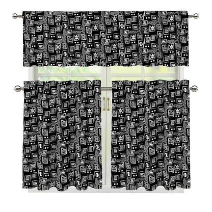 Black Adinkra Symbols Pattern Print 3 Piece Kitchen Curtains