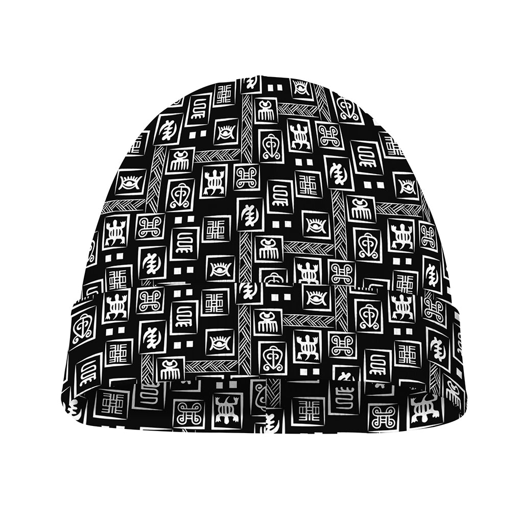 Black Adinkra Symbols Pattern Print Beanie