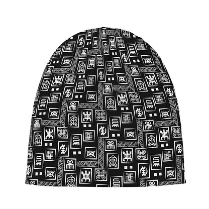 Black Adinkra Symbols Pattern Print Beanie