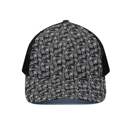 Black Adinkra Symbols Pattern Print Black Mesh Trucker Cap