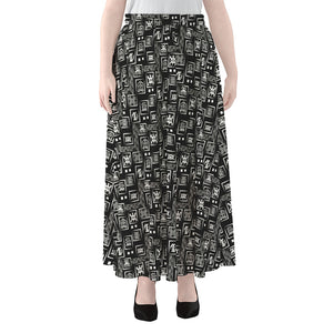 Black Adinkra Symbols Pattern Print Chiffon Maxi Skirt