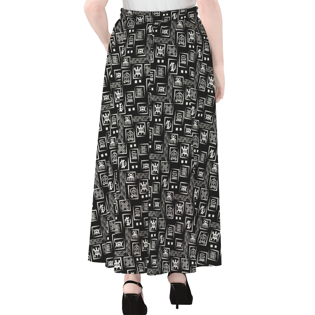 Black Adinkra Symbols Pattern Print Chiffon Maxi Skirt