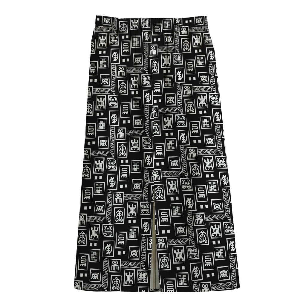 Black Adinkra Symbols Pattern Print Cotton Front Slit Maxi Skirt