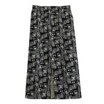 Black Adinkra Symbols Pattern Print Cotton Front Slit Maxi Skirt