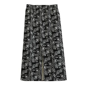 Black Adinkra Symbols Pattern Print Cotton Front Slit Maxi Skirt