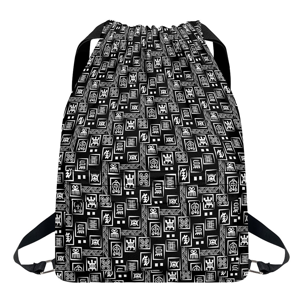 Black Adinkra Symbols Pattern Print Drawstring Backpack