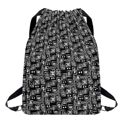 Black Adinkra Symbols Pattern Print Drawstring Backpack