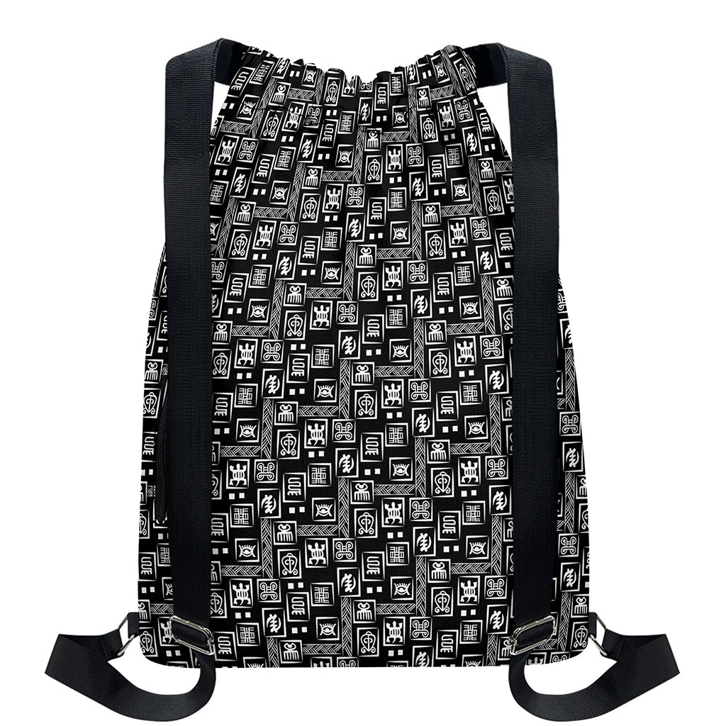 Black Adinkra Symbols Pattern Print Drawstring Backpack