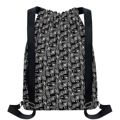 Black Adinkra Symbols Pattern Print Drawstring Backpack