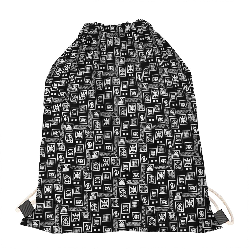 Black Adinkra Symbols Pattern Print Drawstring Bag