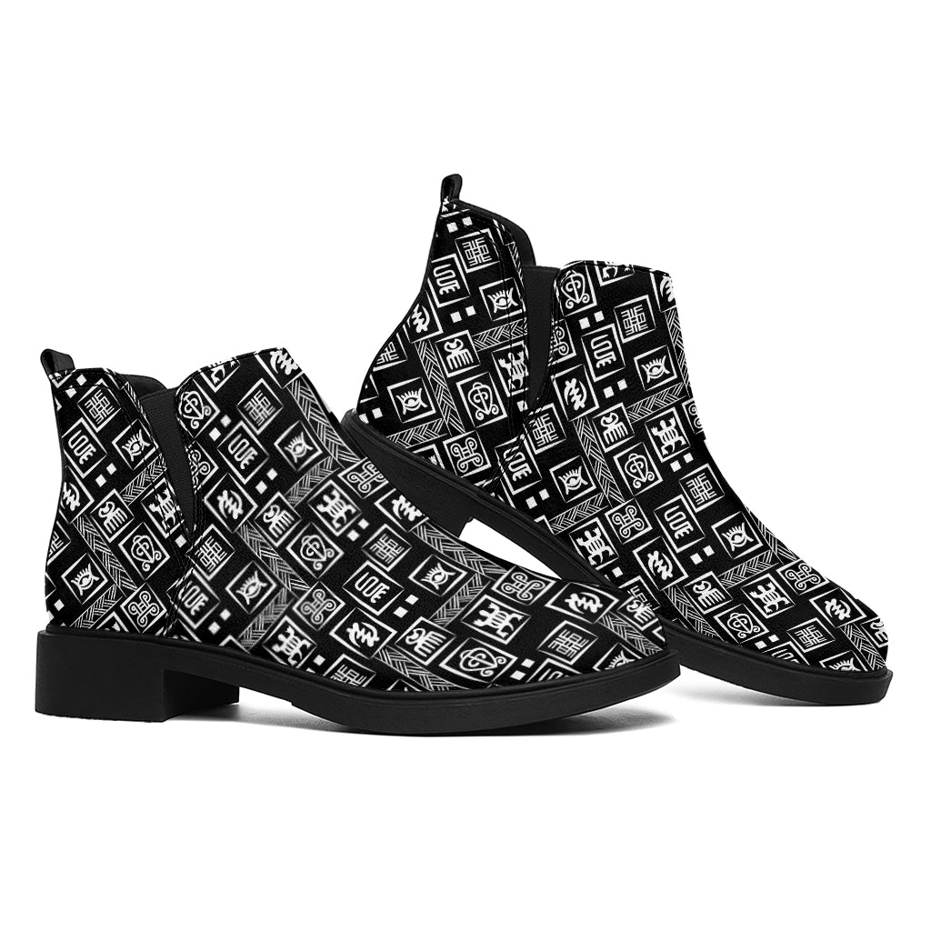 Black Adinkra Symbols Pattern Print Flat Ankle Boots