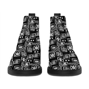 Black Adinkra Symbols Pattern Print Flat Ankle Boots