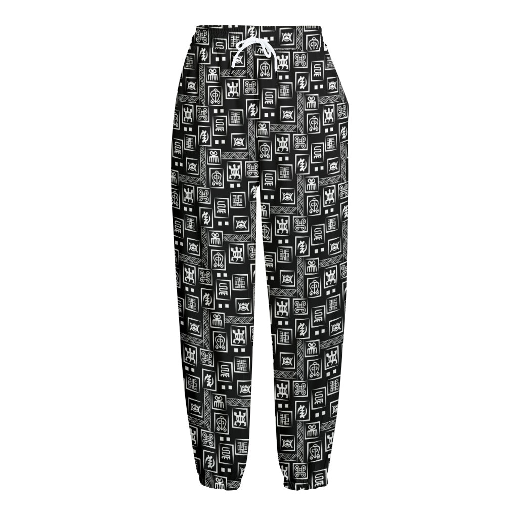 Black Adinkra Symbols Pattern Print Fleece Lined Knit Pants