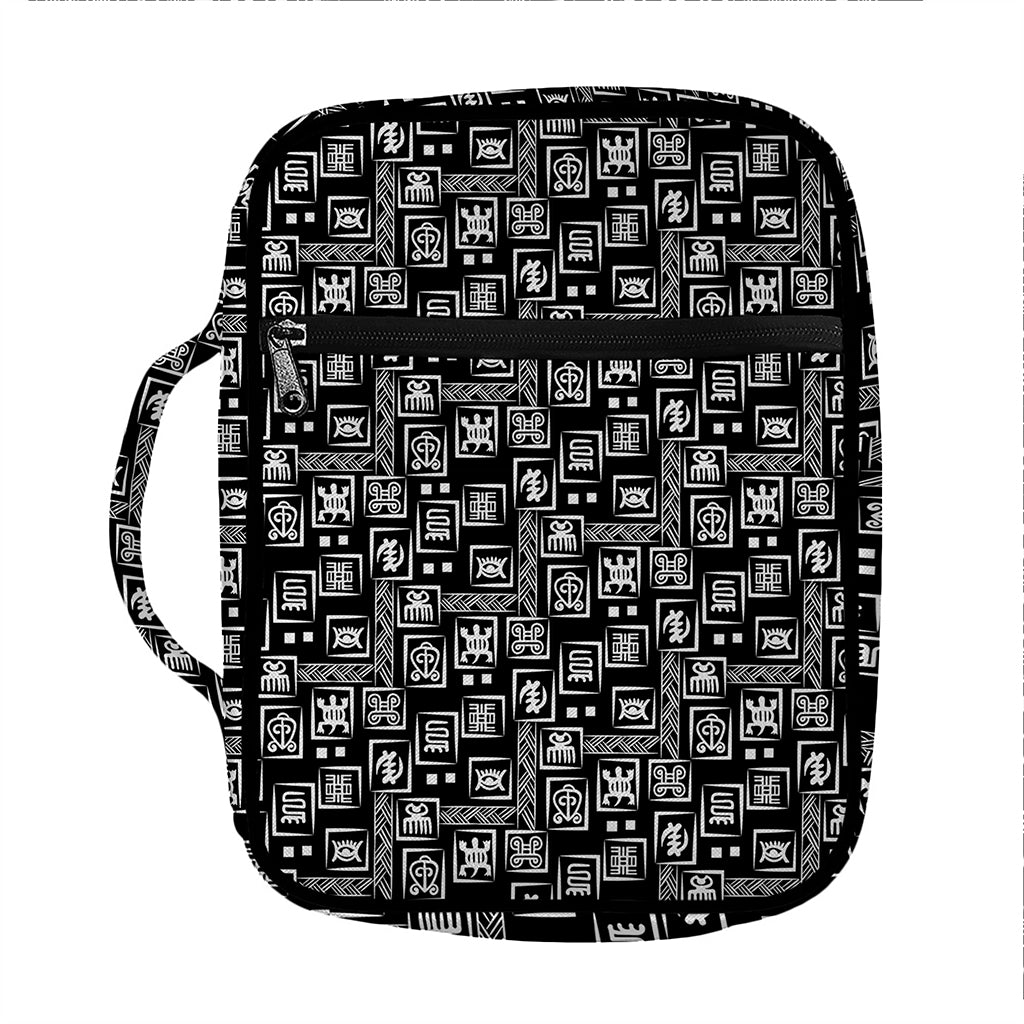 Black Adinkra Symbols Pattern Print Front Pocket Bible Bag