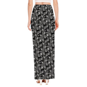 Black Adinkra Symbols Pattern Print High Slit Maxi Skirt