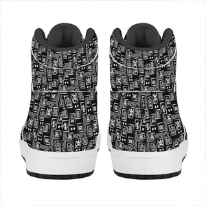 Black Adinkra Symbols Pattern Print High Top Leather Sneakers