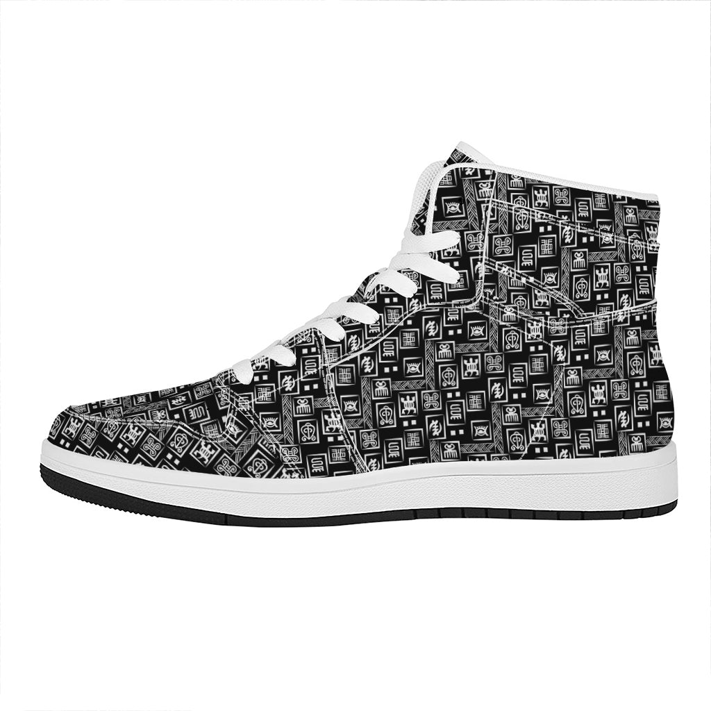 Black Adinkra Symbols Pattern Print High Top Leather Sneakers