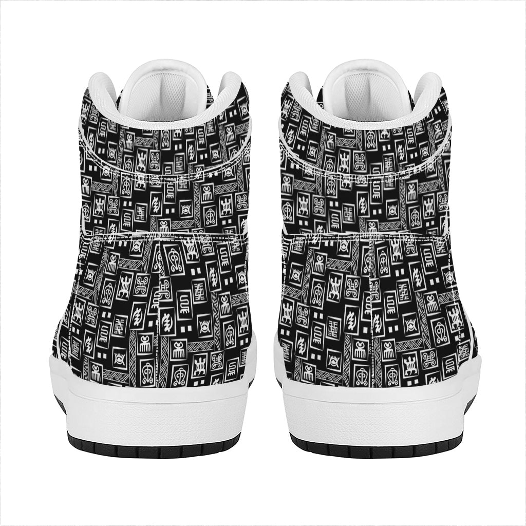 Black Adinkra Symbols Pattern Print High Top Leather Sneakers