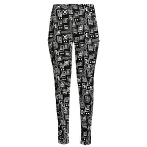 Black Adinkra Symbols Pattern Print High-Waisted Pocket Leggings