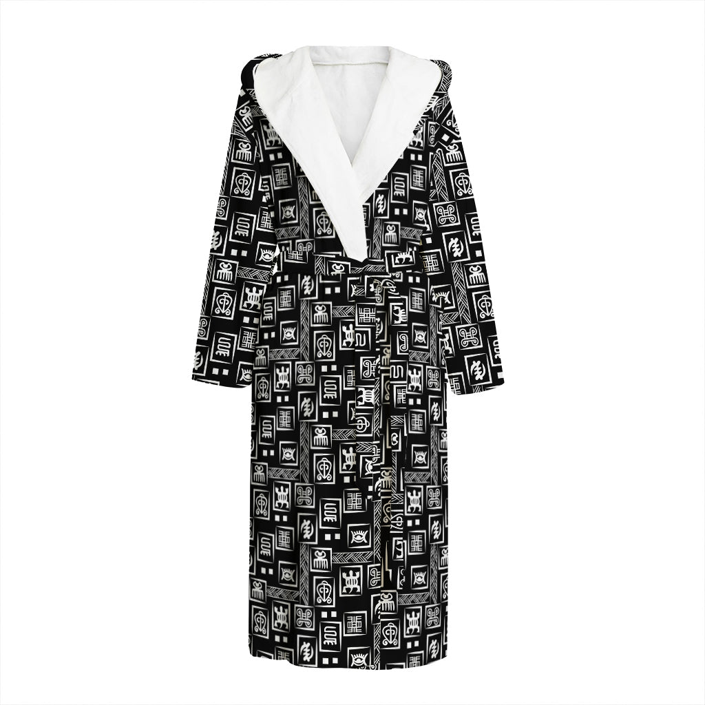 Black Adinkra Symbols Pattern Print Hooded Bathrobe