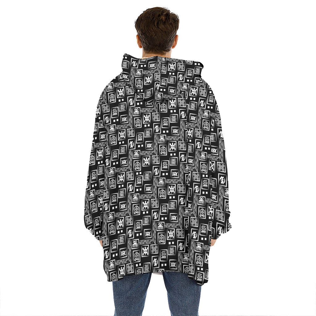 Black Adinkra Symbols Pattern Print Hoodie Blanket