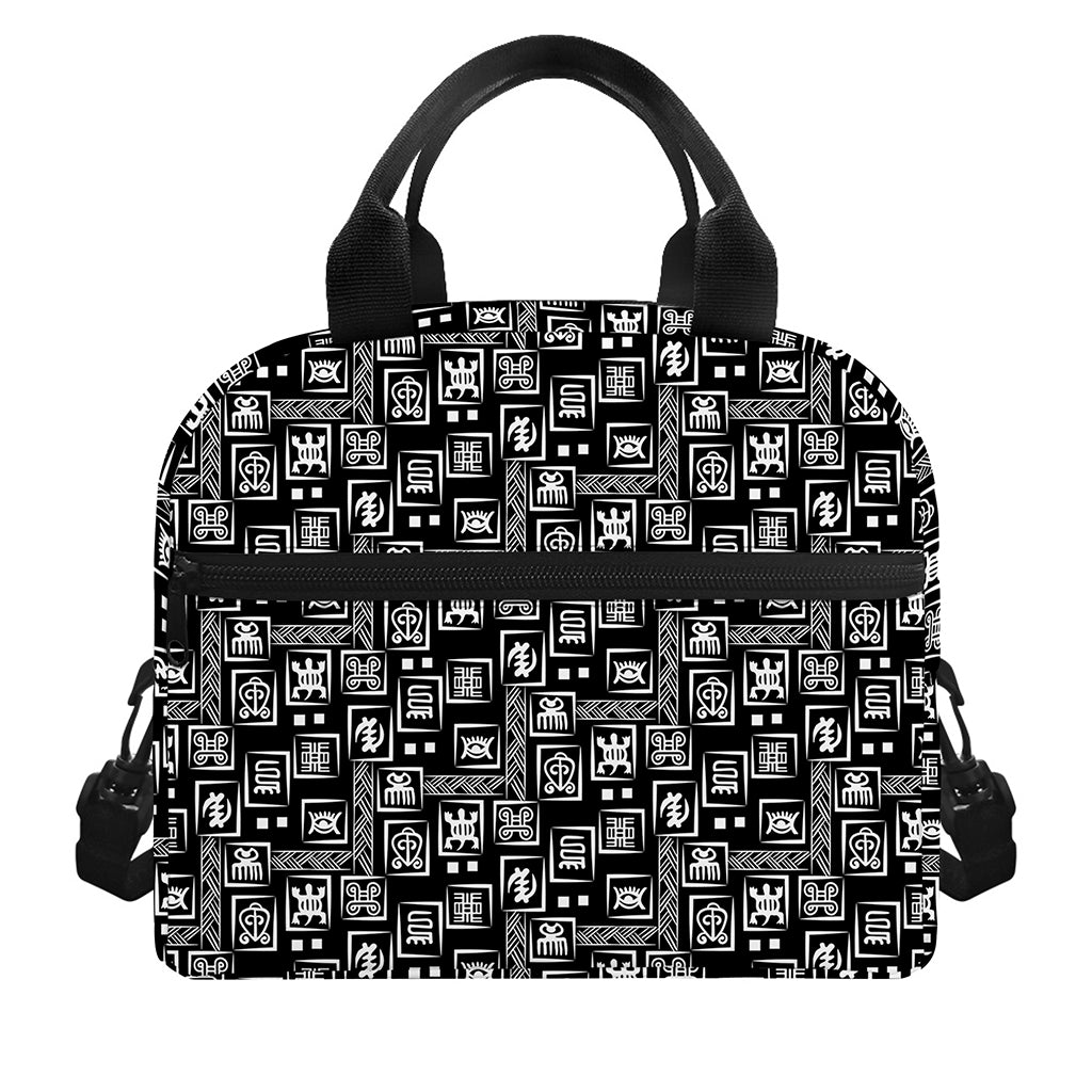 Black Adinkra Symbols Pattern Print Insulated Lunch Bag